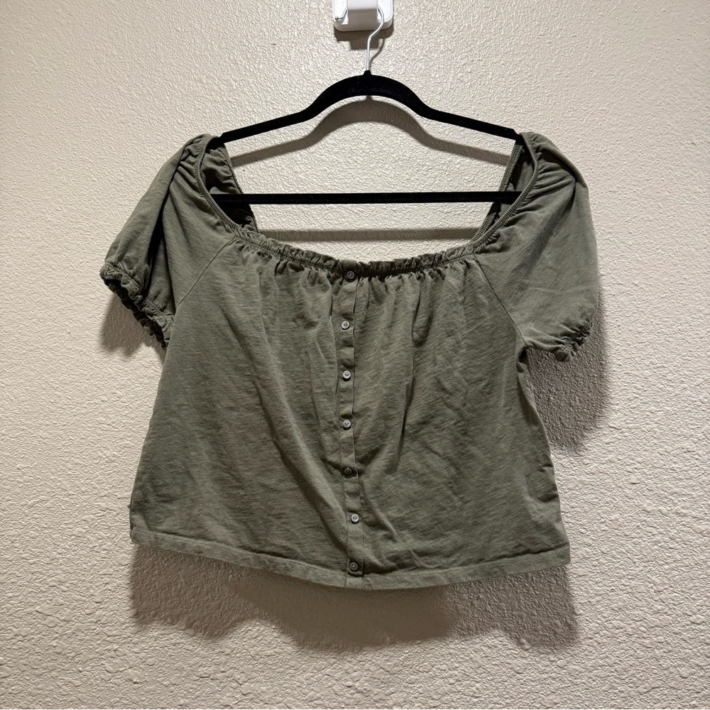 American Eagle Off Shoulder Crop Button Front Blouse Olive‎ Army Green Boho S
